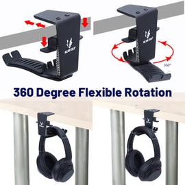 Berlxua Headset Headphone Hook Holder Hanger Mount, Headphones Stand for Desk, Headphone Clamp Under Desk Design with Adjustable & Rotating Arm Clamp for PC Gaming, Office