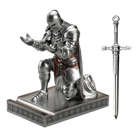 Amoysanli Medieval Armored Warrior Wearing Outerwear, Mobile Phone Stand Knight Pen Holder Desk Organizers, Resin Bookends Paperweight with a Letter Opener for Desk (Silver)
