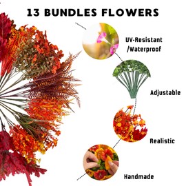 Fall Flowers Artificial for Decoration, Artificial Mums for Outdoors, 13 Bundles UV Resistant Fake Fall Flowers Plants, Faux Mums for Outdoor Planters, Indoor Porch Garden Home Decor（Deep Autumn)