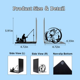 Fishing Decorative Bookends - Man Fishing Design Metal Book Ends for Shelves, Unique Fishing Decor for Boys Room, Cute Book Ends as Fishing Gifts for Men