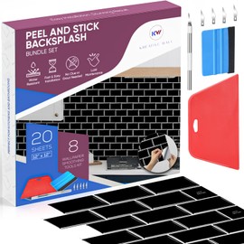 Peel and Stick Backsplash Tile for Kitchen Wall, 12” x 12” Stick On Backsplash Bundle Set with Wallpaper Smoothing Tool Kits for Kitchen or Bathroom with 3D Glass Tile Looks