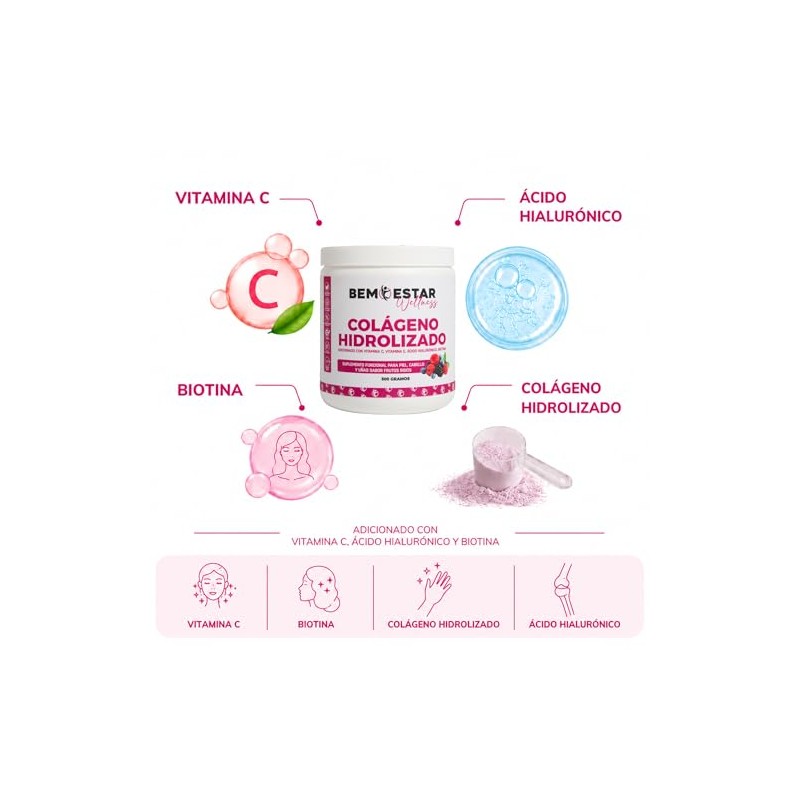 Colágeno Hidrolizado Ácido Hialurónico Vitamina Biotina 500 Porciones Sabor Frutos