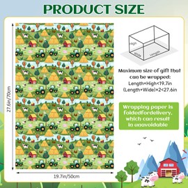 12 Sheets Tractor Wrapping Papers, Green Farmhouse Tractor Gift Wrap Papers with Farm Animal, Gift Packing Paper Art Paper for Birthday Party Decor Baby Shower Boys Girls, 28 x 20IN