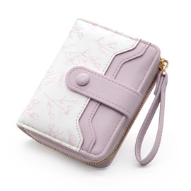 YAMEIZE Leather Purse Women's Small Purse Short Format Purse Cute Flower with Hand Strap Zip Purse Slim Card Holder Coin Compartment Wallet Girls, purple