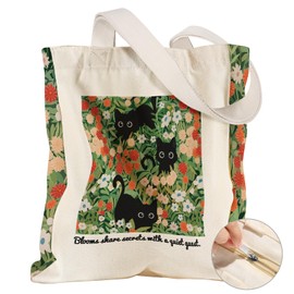 Miss Adola Large Canvas Tote Bag for Women - with Zipper and Inner Pocket Aesthetic Cute Shoulder Bag Reusable Grocery Shopping Bags Cotton Tote Bag for Gym Daily Travel, Green Three Cats