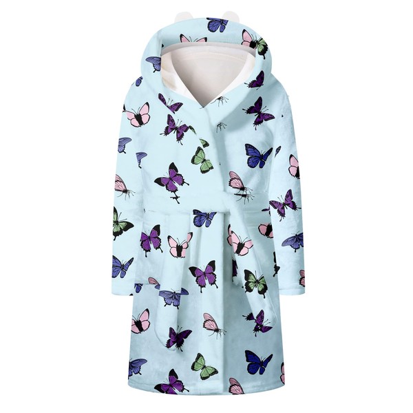 Umeyda - Bata de felpa suave con capucha y cinturón para niñas y mujeres, bata sólida e impresa para regalo, Blue Butterfly-1, 4 Años