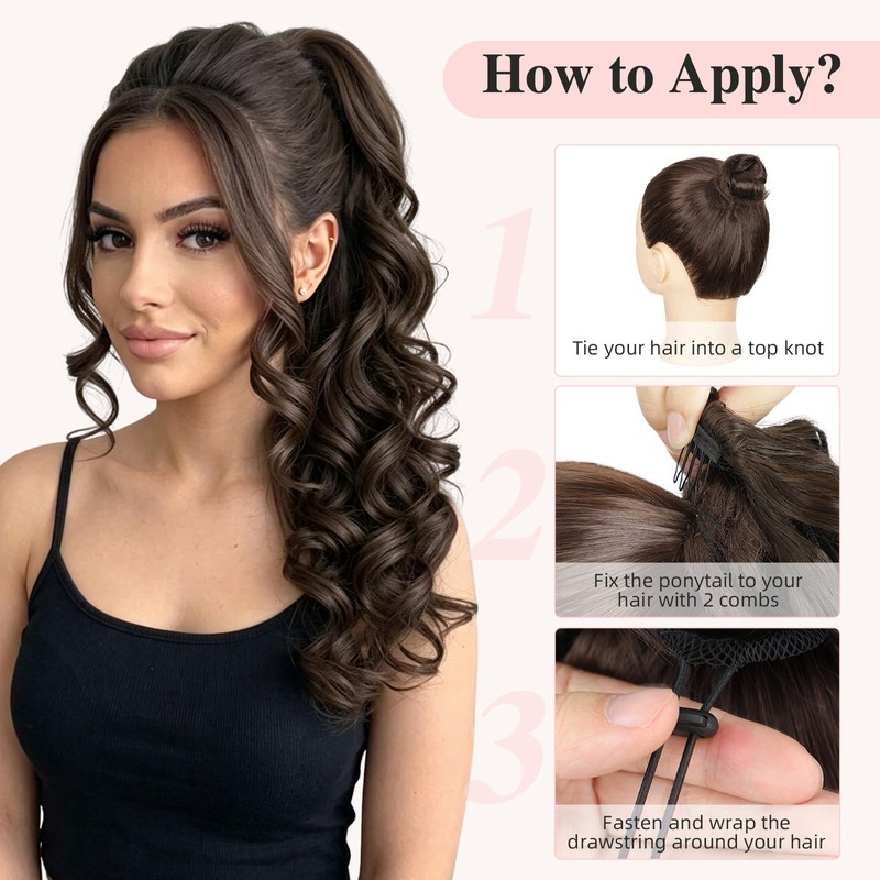 BOGSEA 20 Inch Drawstring Ponytail Extensions for Women -Dark Brown