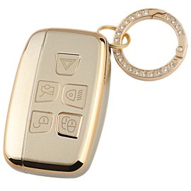QIULIFAN Key Cover for Land Rover Range Rover Discovery Sport Defender Evoque Velar Jaguar XF XE XJ XJL F-pace F-type 5 Button TPU Key Case with Keyring, Gold