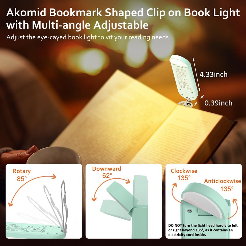 Akomid Book Light, USB Rechargeable Reading Light, Eye-Cared Amber Light