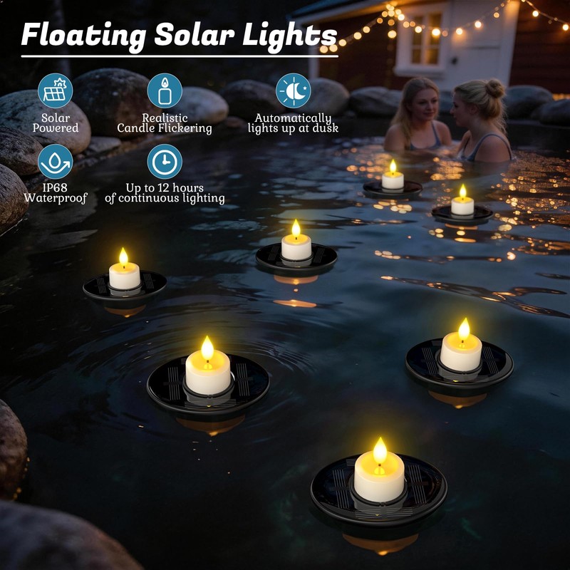 PChero Solar Floating Pool Lights, IP68 Waterproof Outdoor Tea Lights,