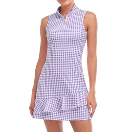 Tennis Dress for Women Classic Golf Outfits Sleeveless Short Dresses with Pockets Zip Up Stand Collar Lightweight for Athletic Purple Houndstooth-XS