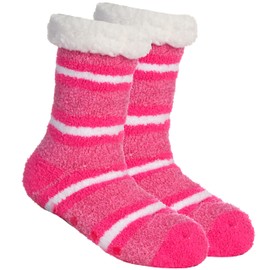 Metzuyan WS-AW23 Ladies 1 Pair Striped Lounge Socks with Sherpa Fleece Thermal Socks Bed Socks with Non Slip Grippers 4-8 Pink