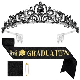 Landical Class of 2025 Graduation Sash and Crown Glitter Graduate Sash and Metal Rhinestone Graduation Tiara 2025 Graduation Party Supplies Decorations Gifts for Girl Senior College(Black,Classic)