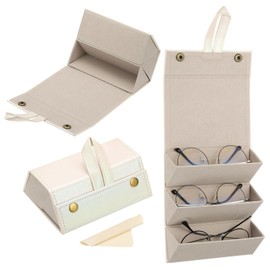 PATIKIL Travel Sunglasses Organizer, 3 Slot Foldable Sunglasses Holder Leather Sunglass Storage Organizer Case Portable for Multiple Glasses Organization, Gradient White