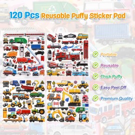 Puffy Stickers Activity Play Set 2 Pack:Construction and Vehicle for Toddlers Boys Kids Travel Activities Reusable Large 3D Stickers with Trucks Tractor Police Car Fire Truck Ambulance.