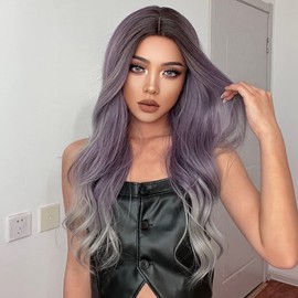 JOOLER Long Wavy Middle Part Wig Purple Natural Wigs for Women Heat Resistant Ombre Purple Gray Wig Daliy Party 28 Inch Synthetic wigs