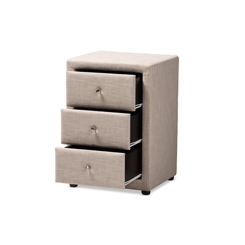 Baxton Studio Tessa 3 Drawer Fabric Upholstered Nightstand in Beige