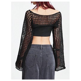 Verdusa Women's Hollow Out Sheer Shrug Sweaters Crochet Boat Neck Bell Sleeve Knit Pullovers Tops Black Small