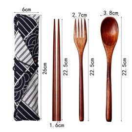 nuoshen Wooden Tableware,3PCS Japanese Style Wooden Cutlery Set in an Oriental Style Pouch with 1 x Spoon, 1 x Fork, 1 x Chopsticks with Pouch Sushi Dinnerware Tableware for Family Travel