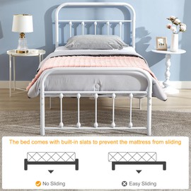 VECELO Twin Size Victorian Style Metal Bed Frame with Headboard Classic Metal Platform Bed Frame Mattress Foundation with Victorian Style Footboard/Under Bed Storage/No Box Spring White 2 Set
