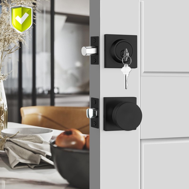 Haidms Black Door Knobs with Deadbolt, Zinc-Alloy Matte Black Front
