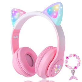 KORABA - Auriculares Bluetooth para niños con luz LED, inalámbrico/con cable y micrófono integrado para escuela/viajes (rosa)