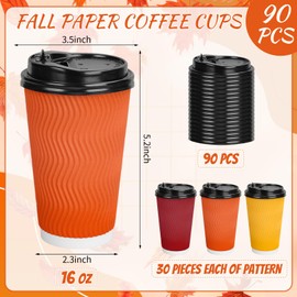 JarThenaAMCS 90 Pcs Fall Colored Coffee Paper Cups Autumn Orange Red Yellow 16oz Disposable Corrugated Ripple Wall Cups with Lids for Hot Cold Drinks Thanksgiving Holiday Party Supplies