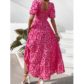 PRETTYGARDEN Smocked Short Sleeve Floral Sun Dresses Women Summer Casual Dresses for Women 2025 Beach Flowy Boho Maxi Dress (Floral Rose Red,XX-Large)