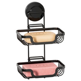 TAILI Double Layer Soap Dish Holder, Bar Soap Tray Suction Cup for Shower Wall, Draining for Bathroom, Rustproof Stainless Steel Sponge Holder for Tub, Kitchen, Drill-Free, Black