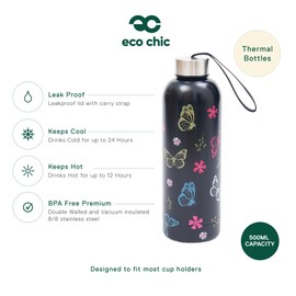 Eco Chic Reusable Thermal Bottle Stainless Steel Leakproof Insulated Water Bottle (Monarch Butterflies Black)