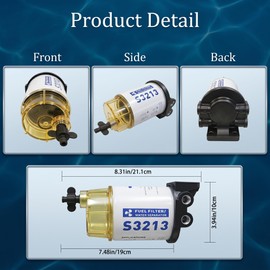 S3213 Fuel Water Separator Filter with Clear Bowl: 10 Micron Marine Fuel Filter Compatible with Yamaha/Mercury/Suzuki/Racor. Replaces 35-60494-1, 18-7932-1. Installation Kit Screws, Fittings & Clamps