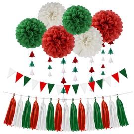 Red White Green Christmas Decorations - 23pcs Tissue Paper Flowers Pom Poms Tassel Garland Banner 3D Christmas Tree Paper Streamers Christmas Party Decorations For Home Indoor Outdoor Hanging Decor