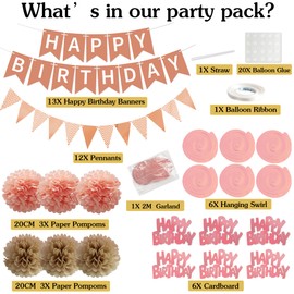 Aurmonigo Happy Birthday Banner Decorations - Rose Gold Party Decoration Happy Birthday Banners Bunting Hanging Swirls Garland, Tissue Paper Pom Poms for Girls Women Adults Supplies