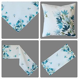 Tablecloth Table Runner Table Cloth Cushion Cover Print Design Modern Leaves in Aqua on White Background (Cushion Cover 40 x 40 cm)
