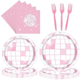 LASLU 96PCS Disco Theme Party Plates and Napkins 1970s Birthday Party Decorations Silver Disco Birthday Party Plates 70s Disco Party Tableware Set Serves 24 Guests (Pink)
