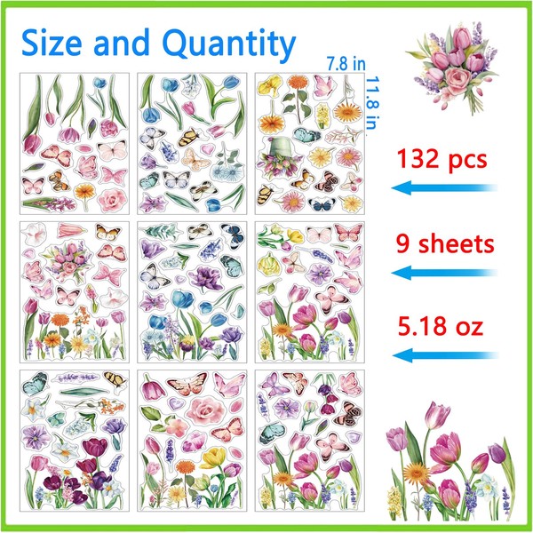 Afmivs 132PCS Spring Window Clings for Glass Windows, 9Sheets Flower