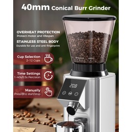 Tuni G1 Conical Burr Coffee Grinder, 48 Grind Settings Anti-static Burr Mill, Precision Electronic Timer and LED Touchscreen for Espresso/Drip/Cold Brew/French Press, Stainless Steel, Silver