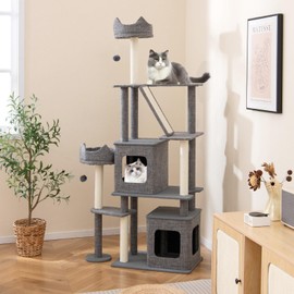 Tangkula 71 Inch Tall Cat Tree, Multi-Level Large Cat Tower with Scratching Posts & Sisal Board & Ladder, 2 Removable Condos, Perch, Bed, Dangling Balls, Modern Linen Fabric Cat Tree for Indoor Cat