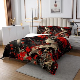 Manfei Samurai Girlish Kids Bedspread Twin Size,Japan Ukiyo-e Cherry Blossom Retro Coverlet Set,Girls Women Room Decor,Japanese Sakura Flowers Quilted Coverlet,Red Grey Bedding Quilt,1 Pillowcase