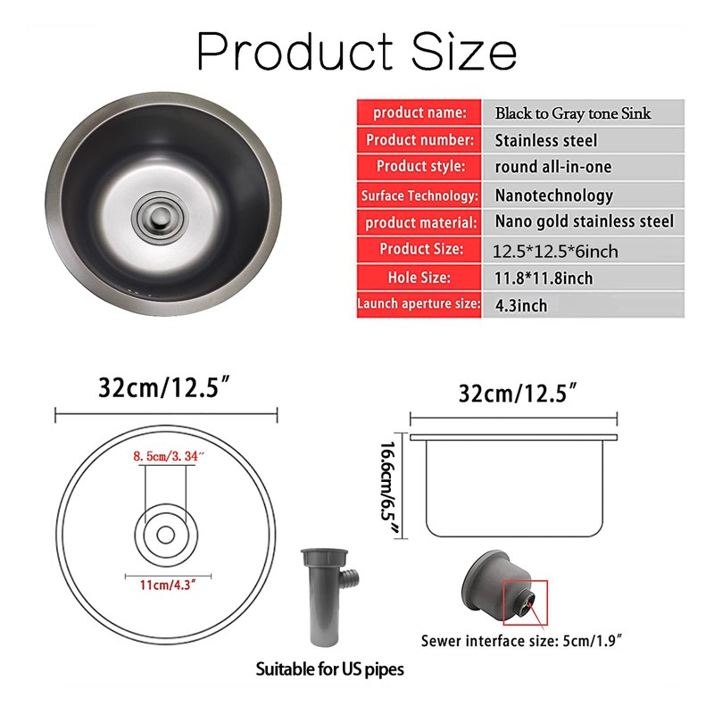 BIGYOUZI 12In Round Black Kitchen sink 304 Stainless Steel Countertop
