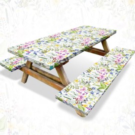 Boao 3 Pcs Vinyl Picnic Table Cover with Bench Cover 6 ft 30 x 72 Inch Waterproof Fitted Tablecloth Flannel Backing Rectangular Elastic Edged for Camping Outdoor Patio Travel(Wildflower)