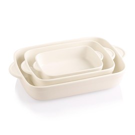 Sweejar Casserole Dishes for Oven, Ceramic Bakeware Set of 3, Lasagna Pan Deep with Handle, Rectangular Baking Pan Set, 9x13 Baking Dish for Cooking, Banquet and Daily Use (New Beige)