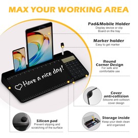 Desktop Glass Whiteboard with Mirror & Calculator(12 Digit LCD Display) & Ruler Marker,Tilted Computer Keyboard Stand with Dry Erase Board Surface, Desk Organizers with Accessories,Black