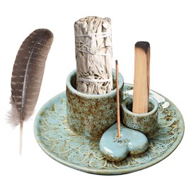 4 in 1 Incense Burner Holder,Incense Sage and Palo Santo Holder,Incense Stick Holder,Ceramic Incense Holder Ash Catcher,for Meditation Room (Blue)