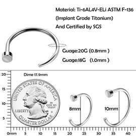 BLISI 8PCS Pure Titanium Nose Rings Hoops for Women and Men - 18 Gauge 8mm C-Shaped Cute Nose Rings Hoops, Hypoallergenic