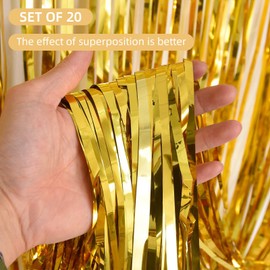20 Pack Gold Foil Fringe Curtains 3.2ft x 9.8ft Gold Foil Curtain Backdrop Metallic Tinsel Curtains Streamer Photo Booth Backdrop for Birthday Party Engagement Bachelorette Party Decorations