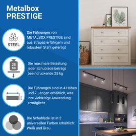 Metabox Metal Drawers Sides/Runners Rollers Set White H-54mm L-350mm