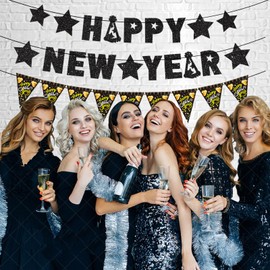 Glitter Black Happy New Year Banner 2025 - 3 Strings Party Supplies With Hanging Decorations for New Year's Eve