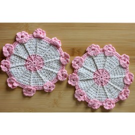 Crochet Coasters for Cup Set of 2 piece Potholders Handmade Flowers Pink Linen Mini Doily Bohemian Centerpiece Boho Table Placemats Coffee Table Accessories