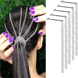 Chamvino-5PCS Dreadlocks Metal Tassel Ponytail MultiStrand Hair Chain Prom Party cóncavo peinado accesorios para el cabello cadena de extensión de cabello con clip para niñas y mujeres (plata)